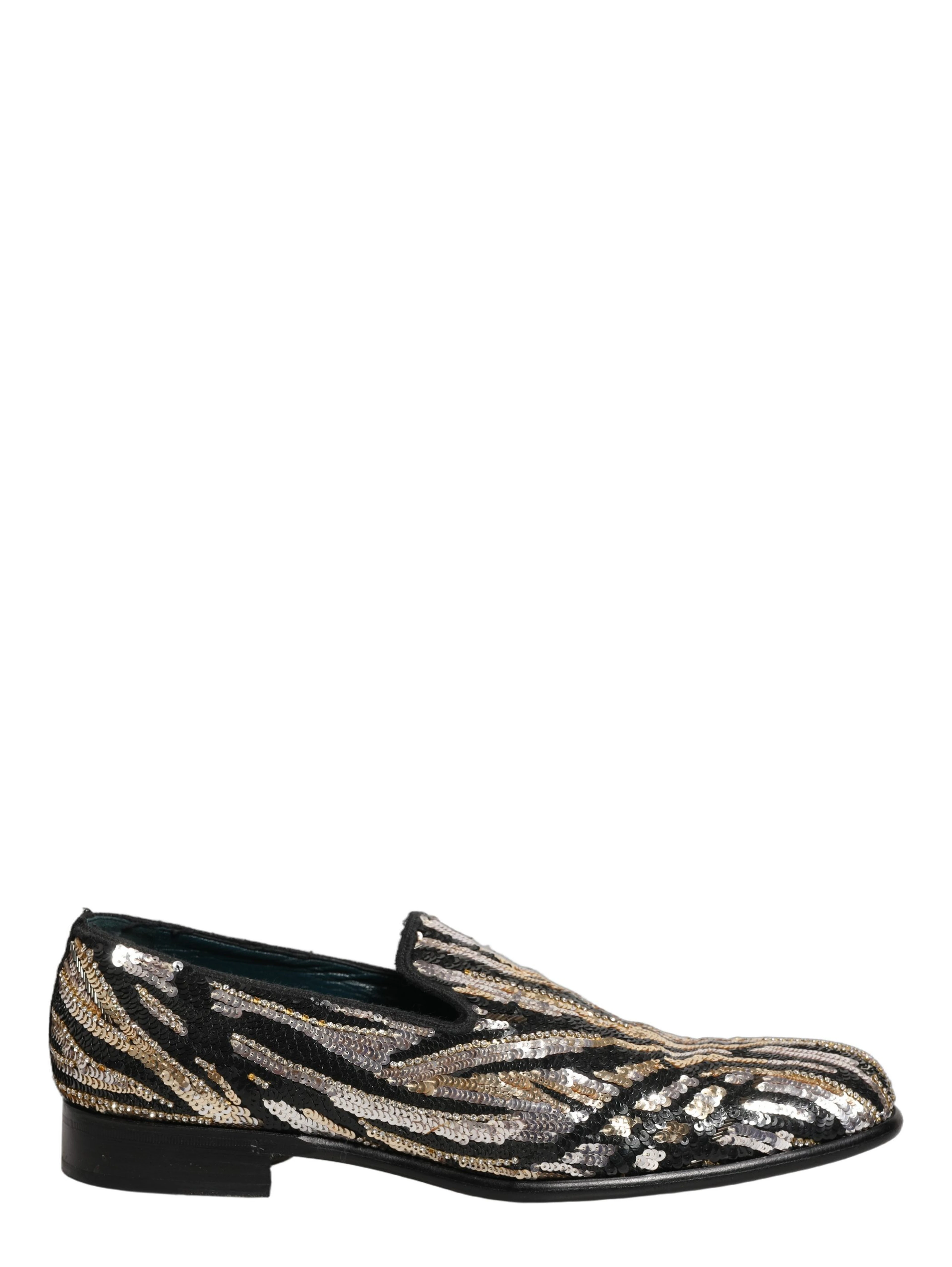 Gold Striped Sequin Embellished Loafer Shoes
