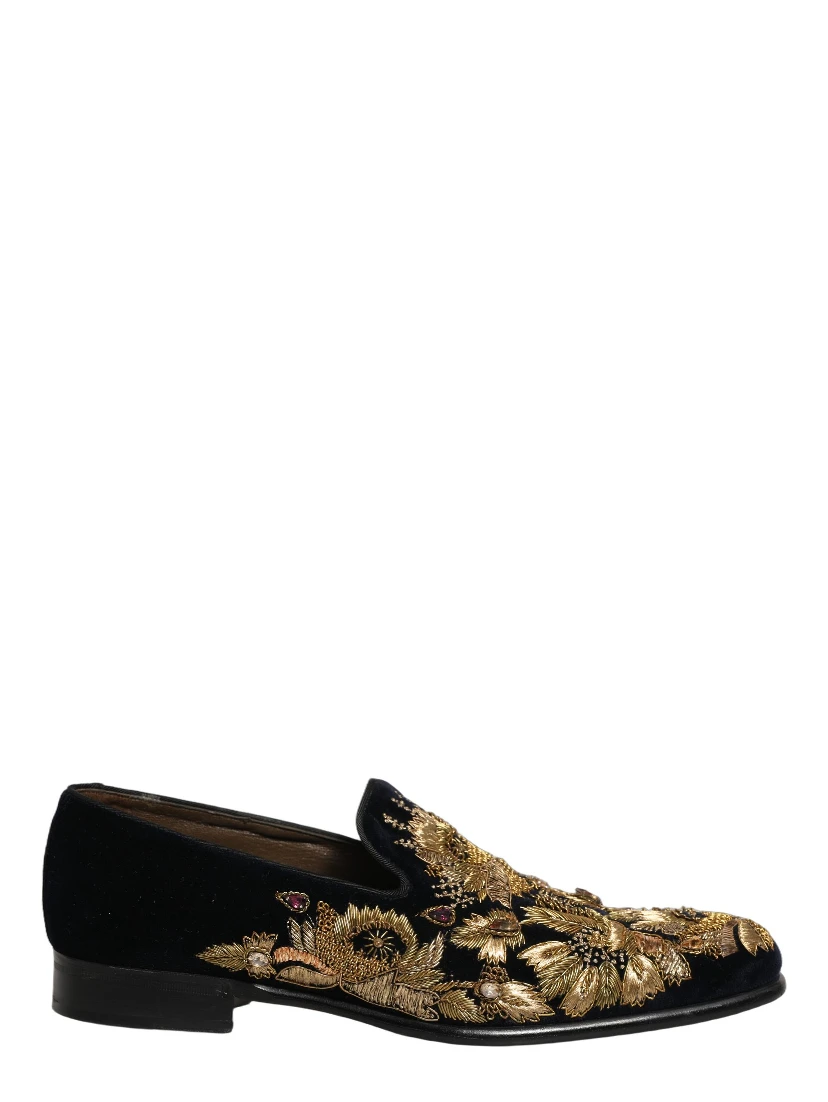 Black Gold Embroidery Dress Loafers Shoes