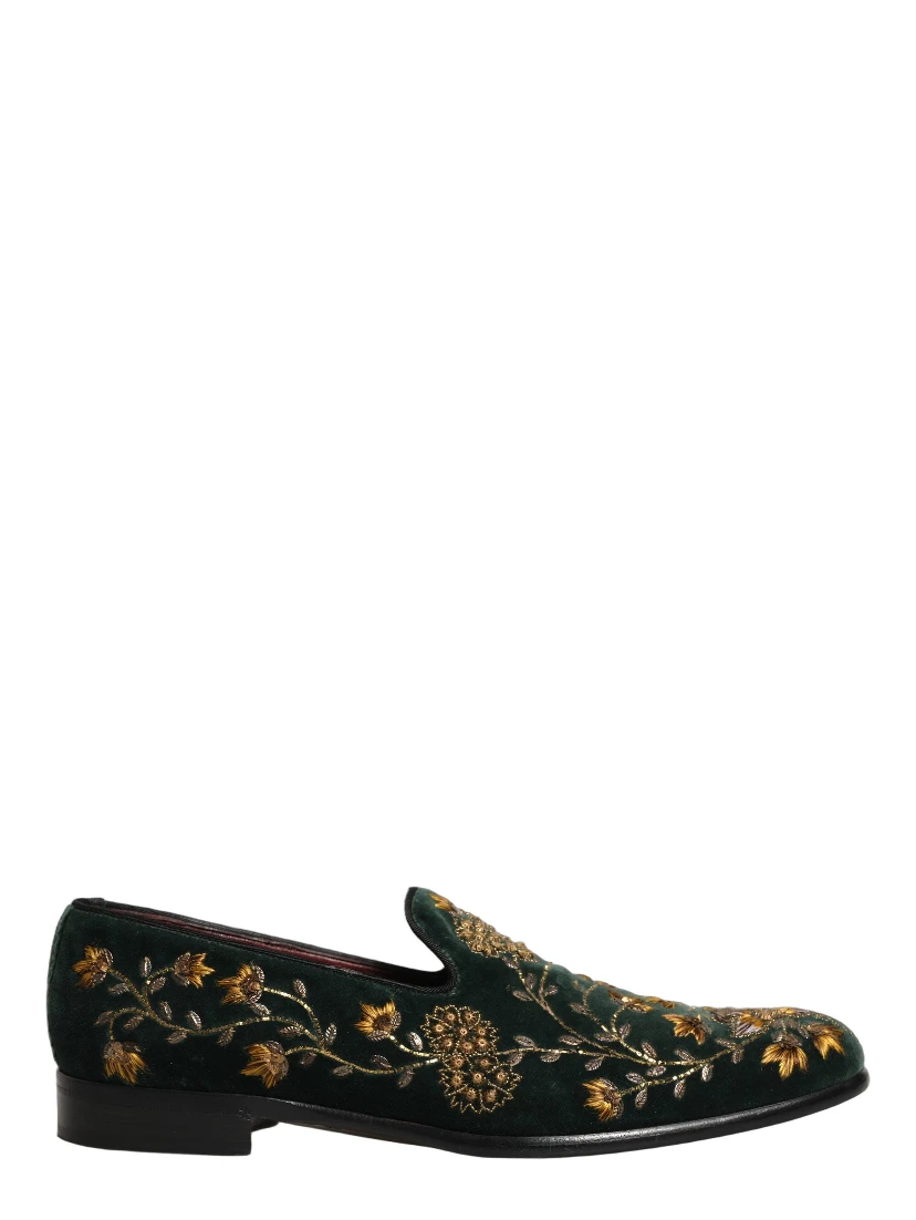 Green Floral Embroidery Dress Loafers Shoes