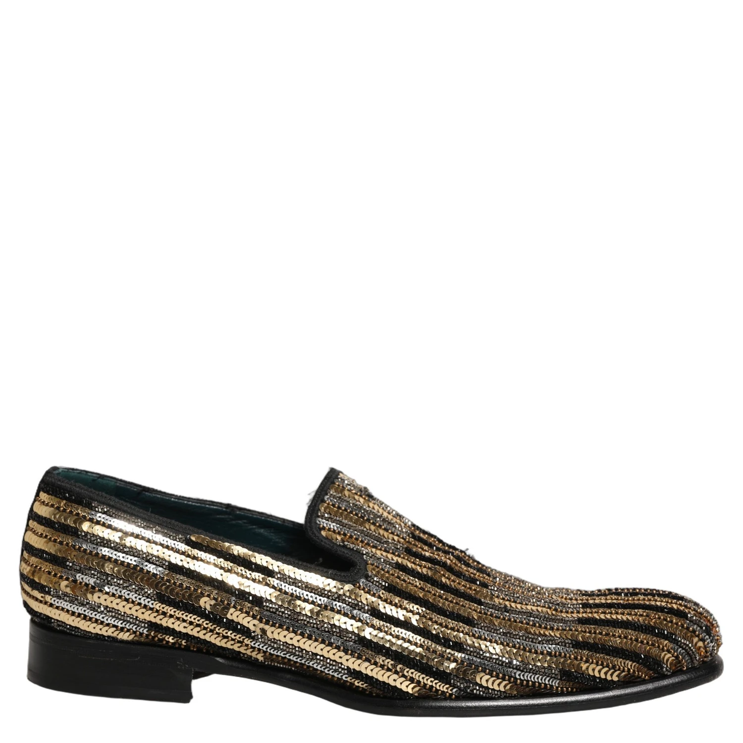 Gold Striped Sequin Embellished Loafer Shoes