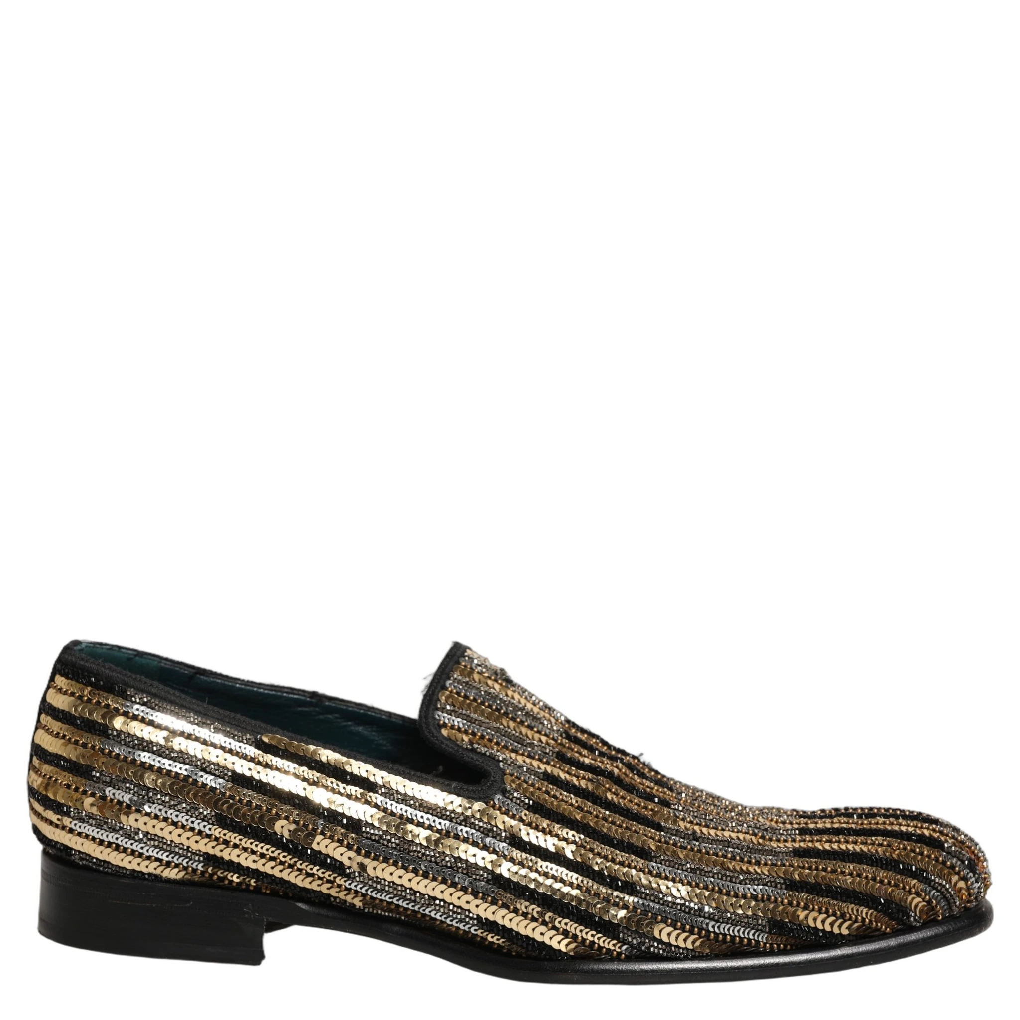 Gold Striped Sequin Embellished Loafer Shoes
