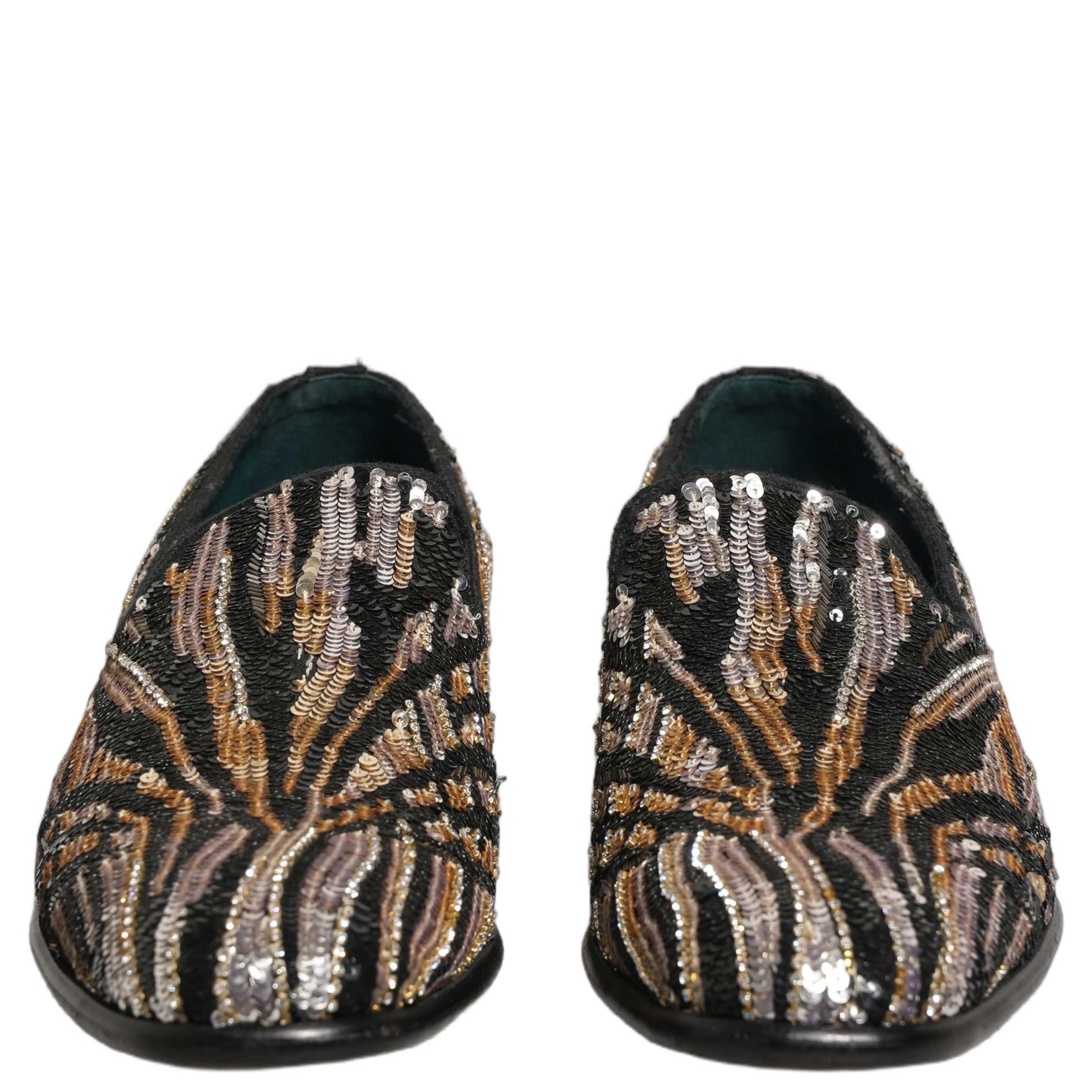 Gold Striped Sequin Embellished Loafer Shoes