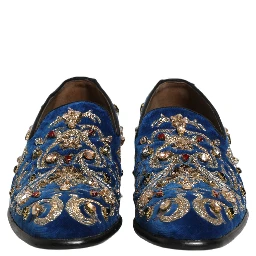 Blue Velvet Embellished Dress Loafers Shoes
