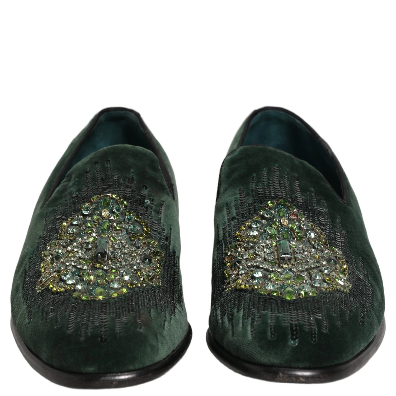 Green Velvet Embellished Dress Loafers Shoes
