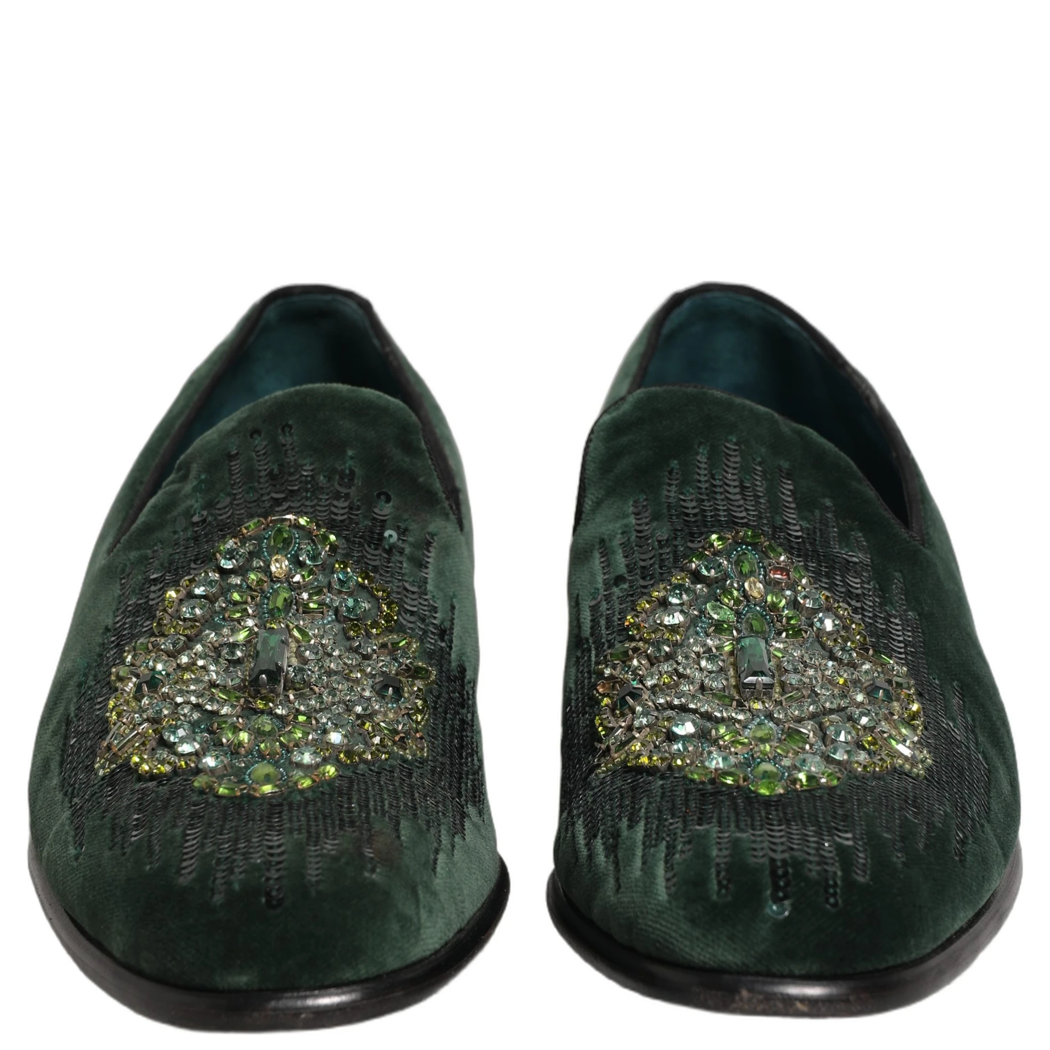 Green Velvet Embellished Dress Loafers Shoes