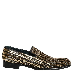 Gold Striped Sequin Embellished Loafer Shoes