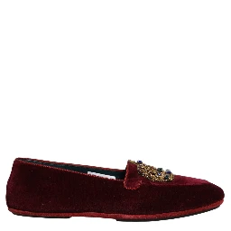 Burgundy Velvet Crown Slip On Loafers Shoes