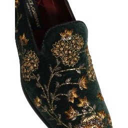 Green Floral Embroidery Dress Loafers Shoes