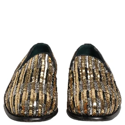Gold Striped Sequin Embellished Loafer Shoes