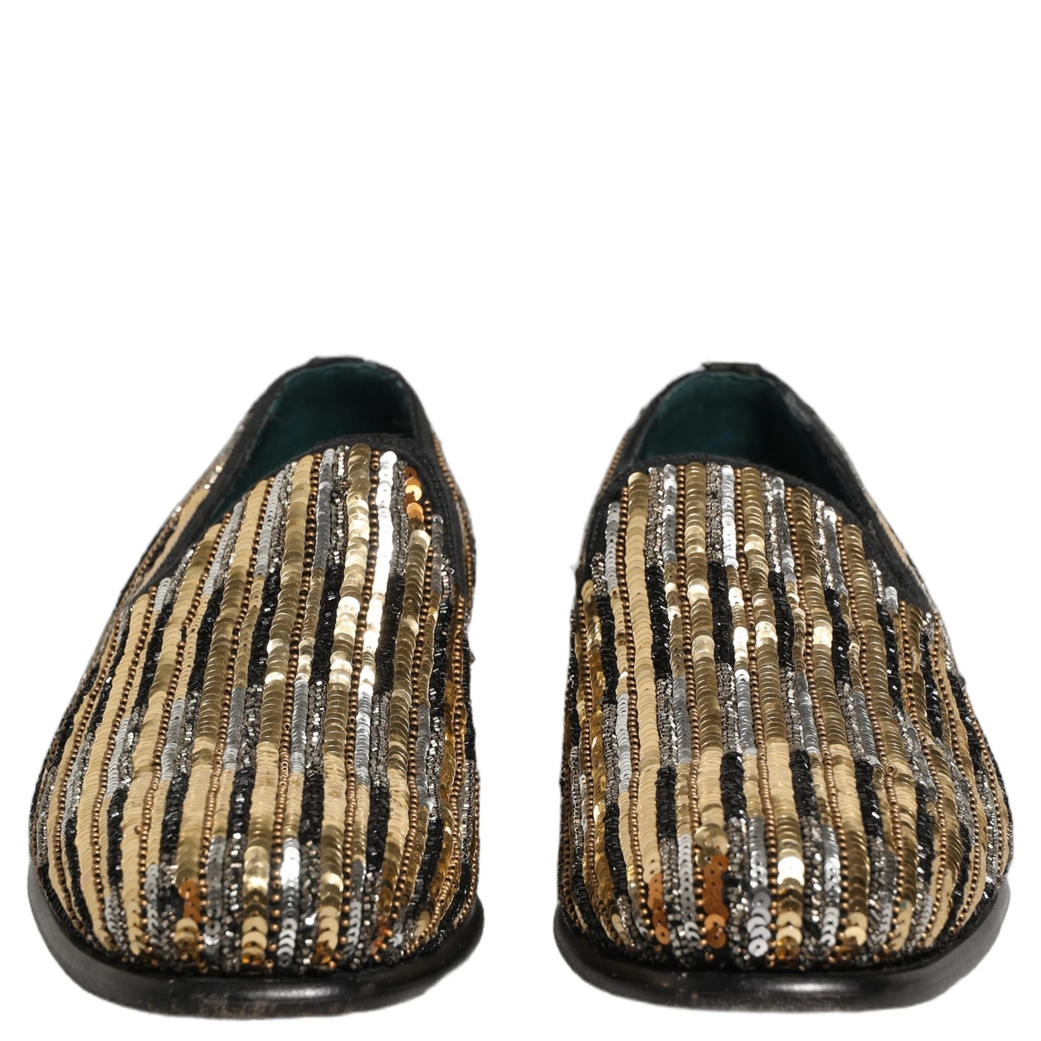Gold Striped Sequin Embellished Loafer Shoes