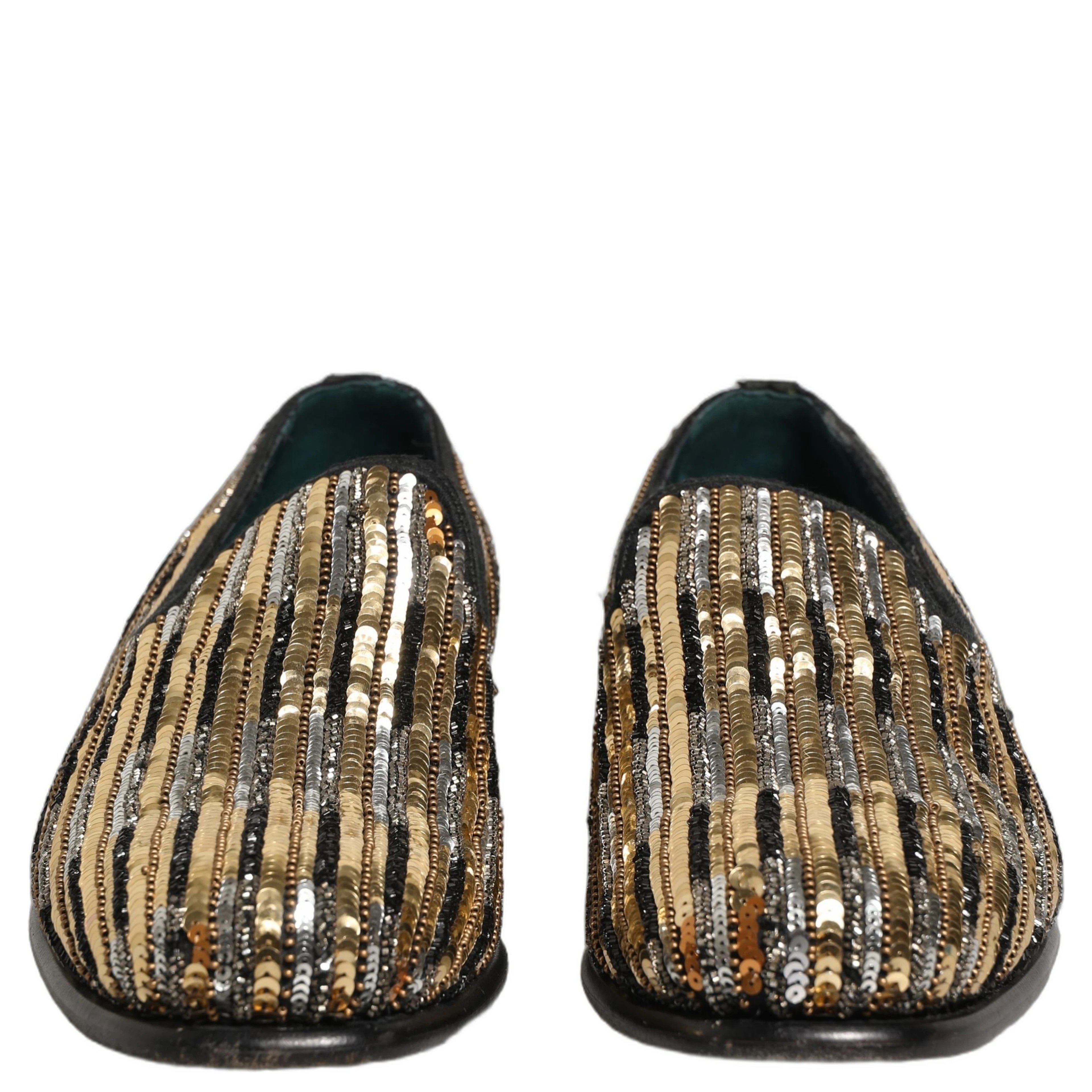 Gold Striped Sequin Embellished Loafer Shoes