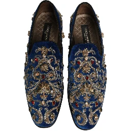 Blue Velvet Embellished Dress Loafers Shoes
