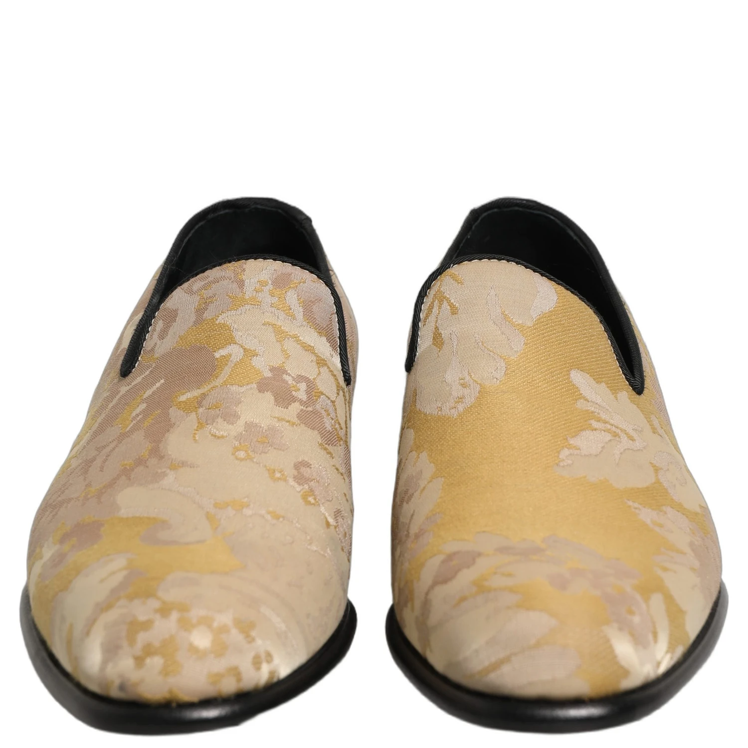Gold Floral Print Jacquard Men Loafers Shoes