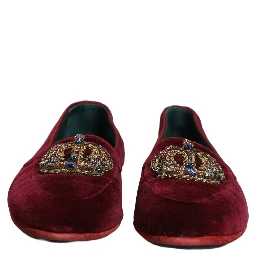 Burgundy Velvet Crown Slip On Loafers Shoes