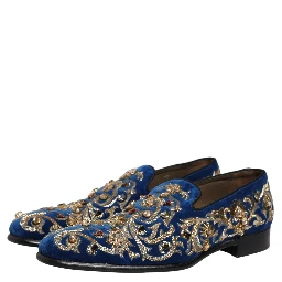 Blue Velvet Embellished Dress Loafers Shoes
