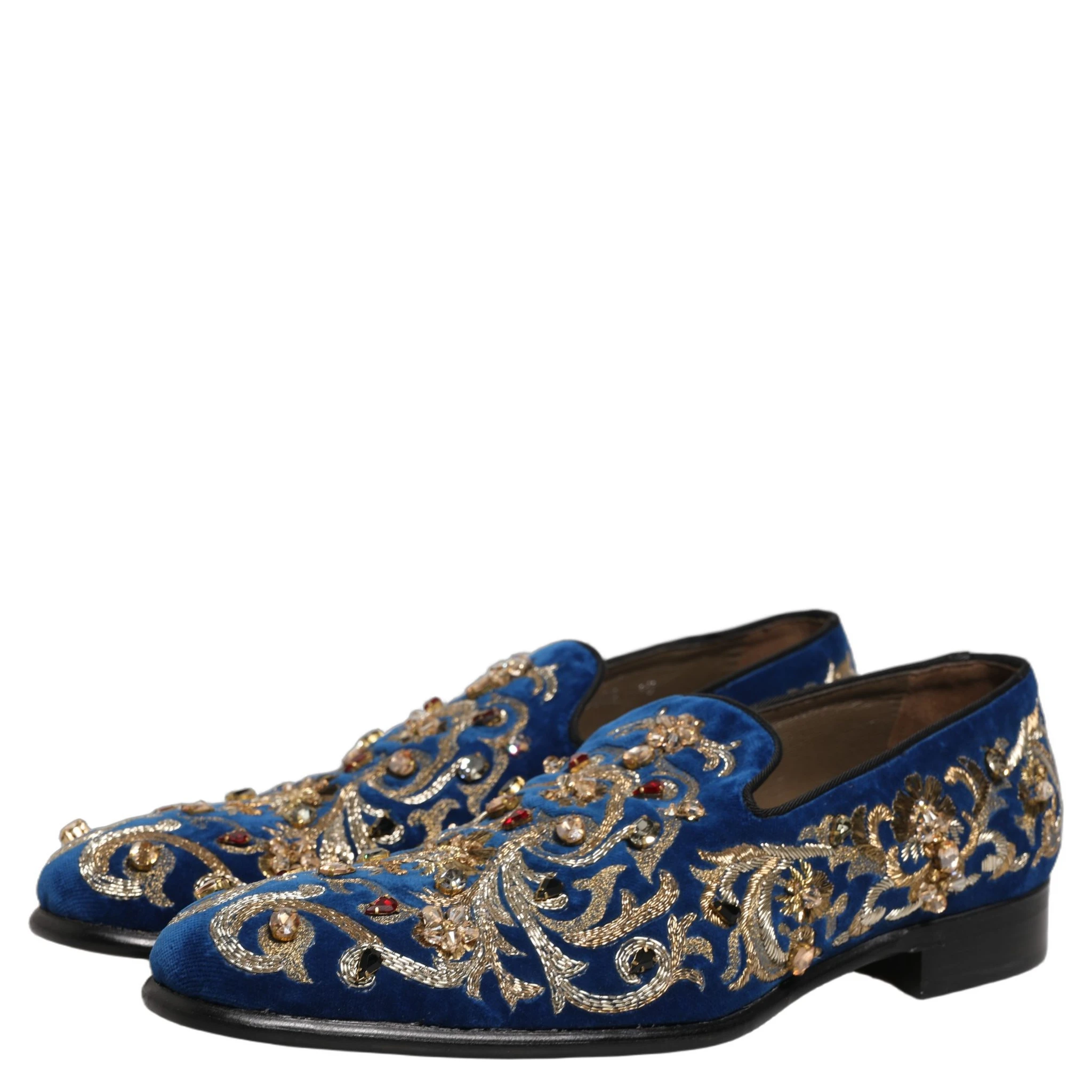 Blue Velvet Embellished Dress Loafers Shoes