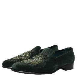 Green Velvet Embellished Dress Loafers Shoes
