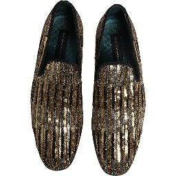 Gold Striped Sequin Embellished Loafer Shoes