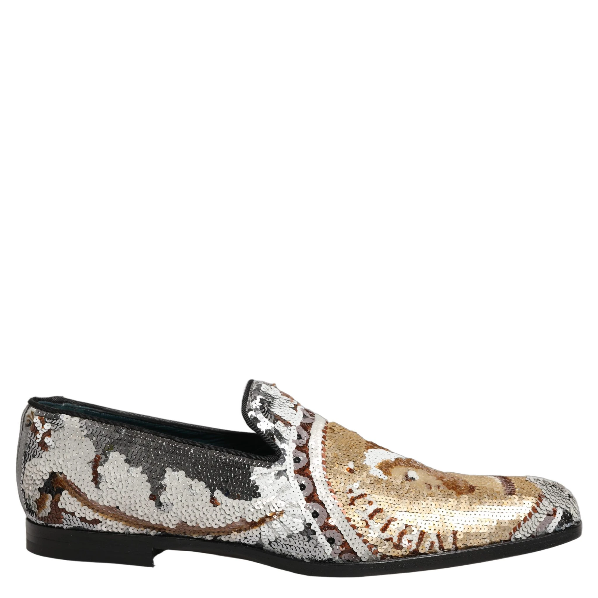 White Gold Sequined Slip On Loafers Shoes