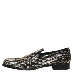 Gold Striped Sequin Embellished Loafer Shoes
