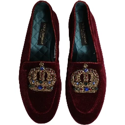 Burgundy Velvet Crown Slip On Loafers Shoes