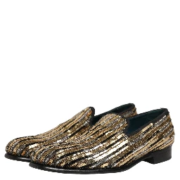 Gold Striped Sequin Embellished Loafer Shoes