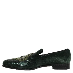 Green Velvet Embellished Dress Loafers Shoes