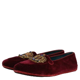 Burgundy Velvet Crown Slip On Loafers Shoes