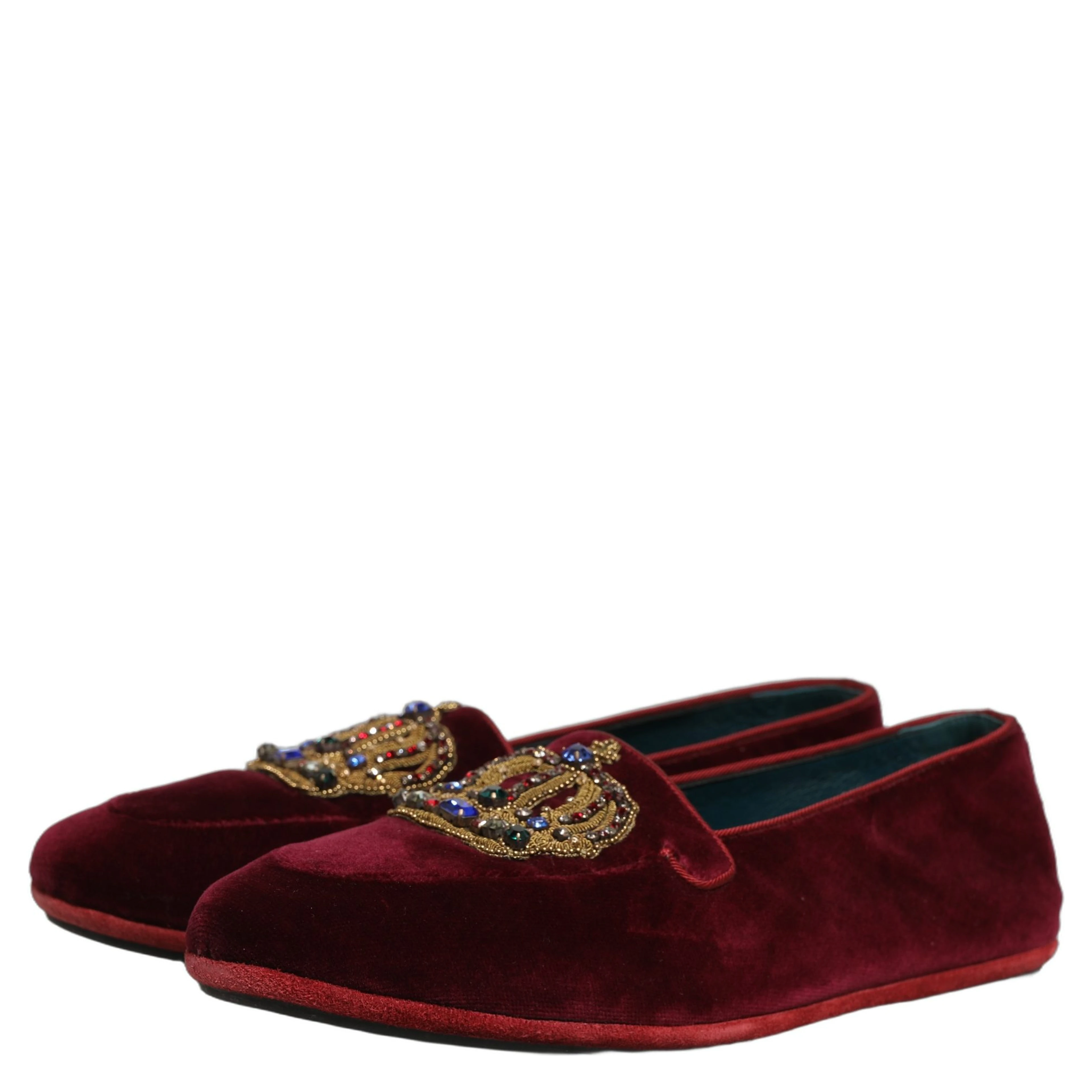 Burgundy Velvet Crown Slip On Loafers Shoes