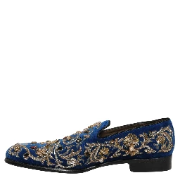 Blue Velvet Embellished Dress Loafers Shoes