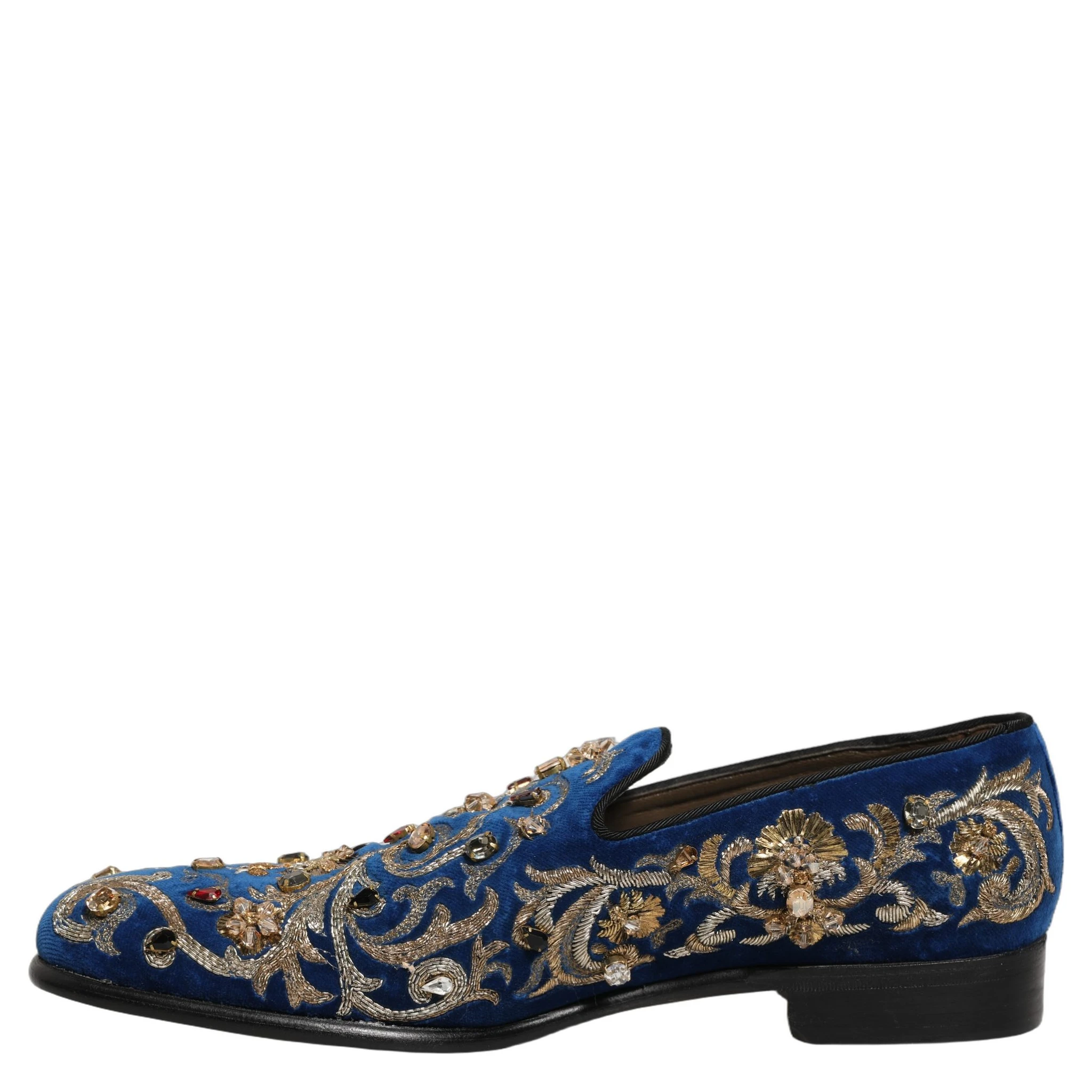 Blue Velvet Embellished Dress Loafers Shoes
