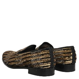 Gold Striped Sequin Embellished Loafer Shoes
