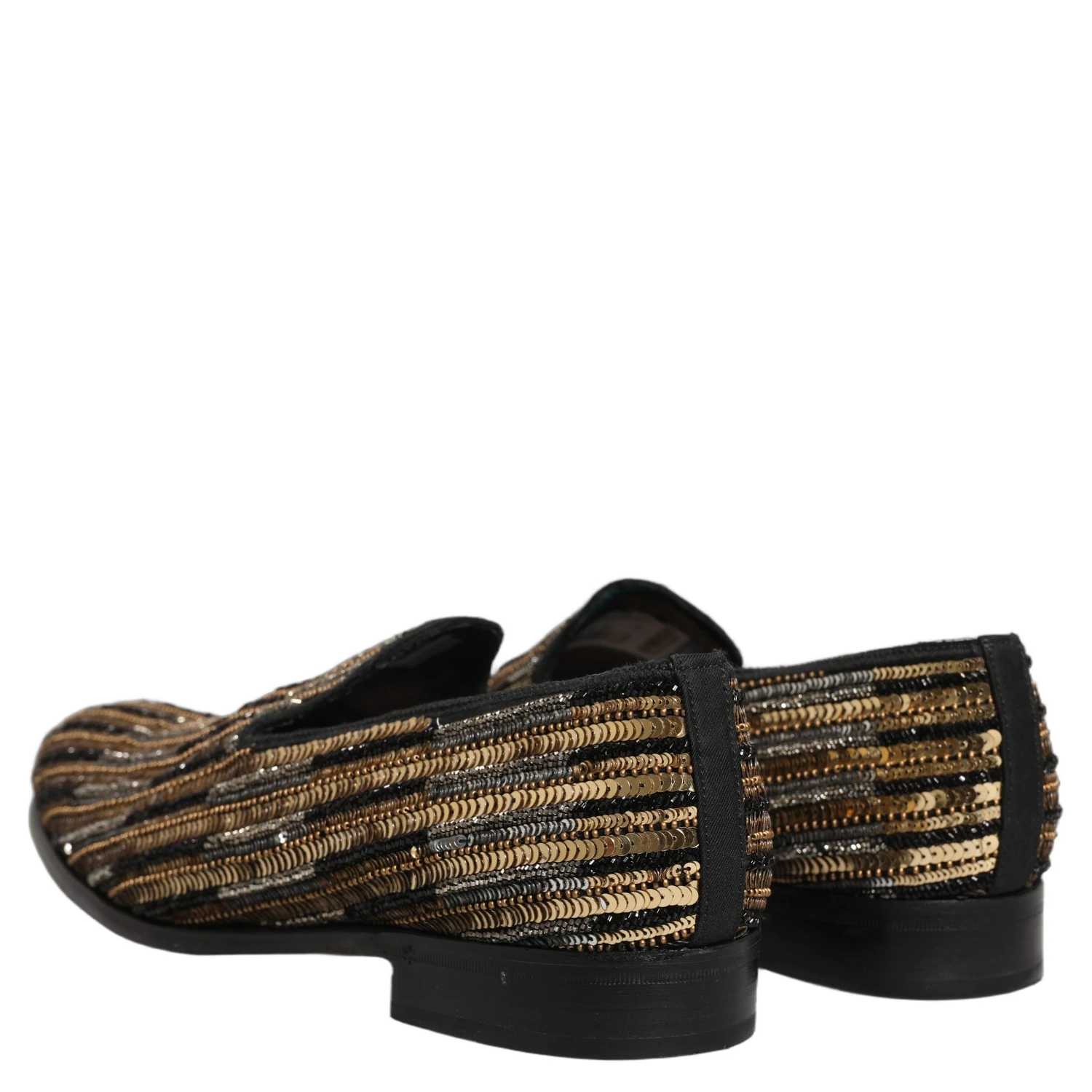 Gold Striped Sequin Embellished Loafer Shoes