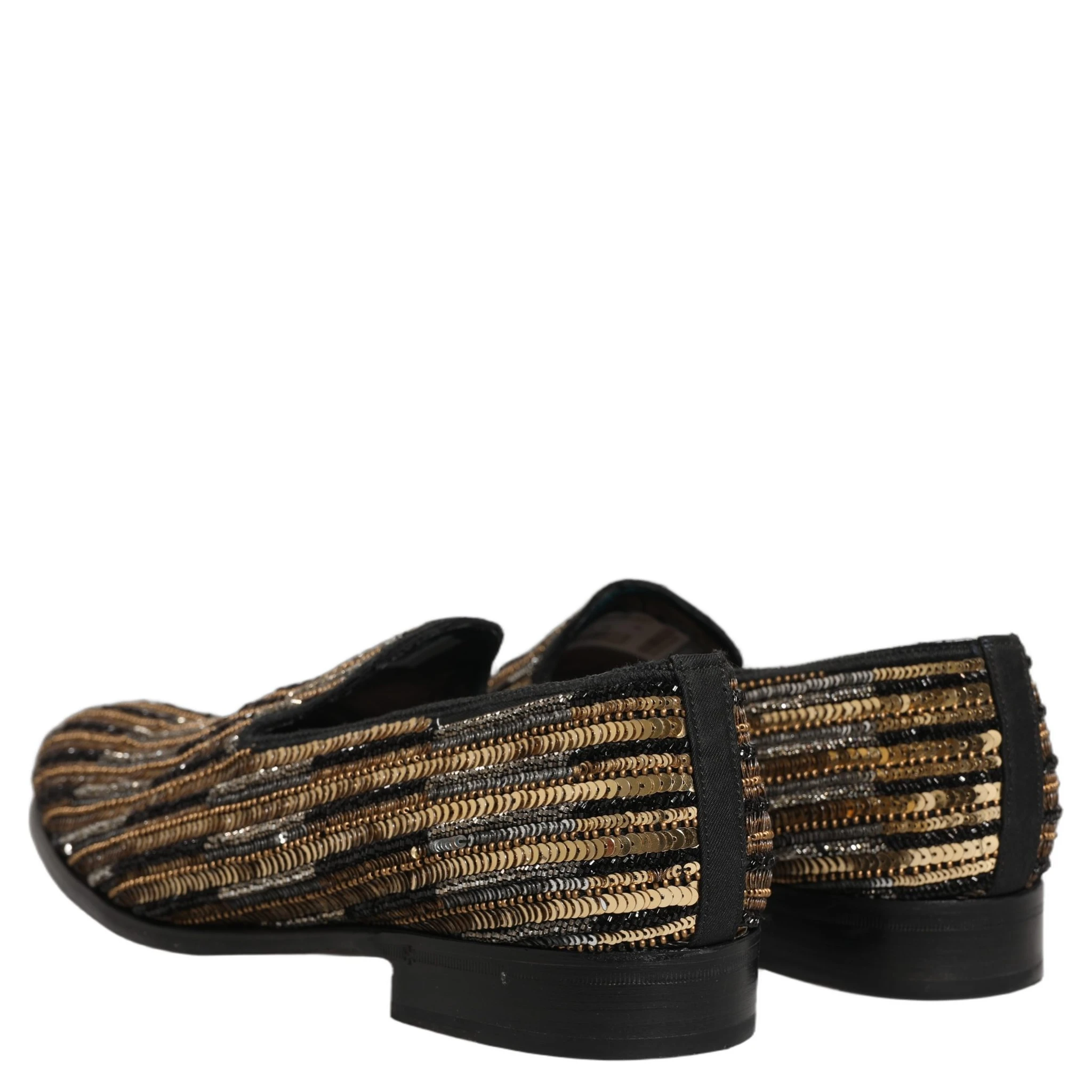 Gold Striped Sequin Embellished Loafer Shoes