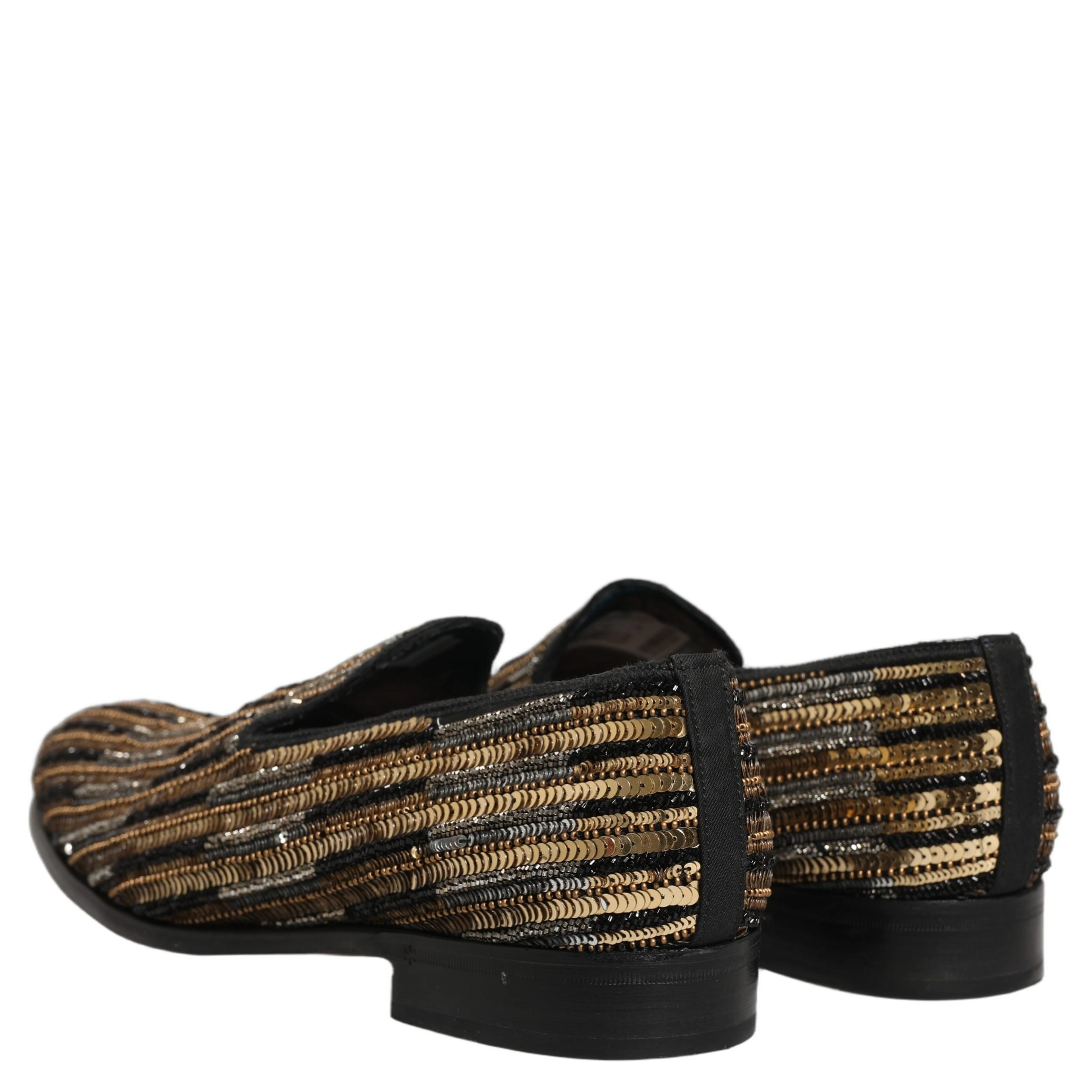 Gold Striped Sequin Embellished Loafer Shoes