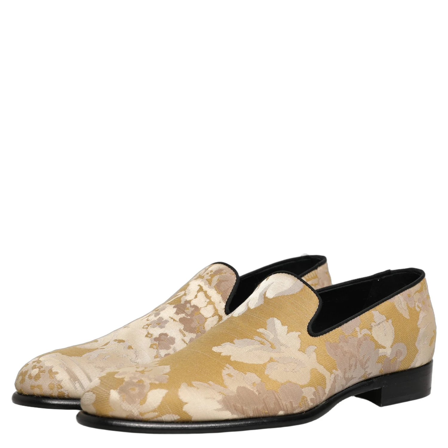 Gold Floral Print Jacquard Men Loafers Shoes