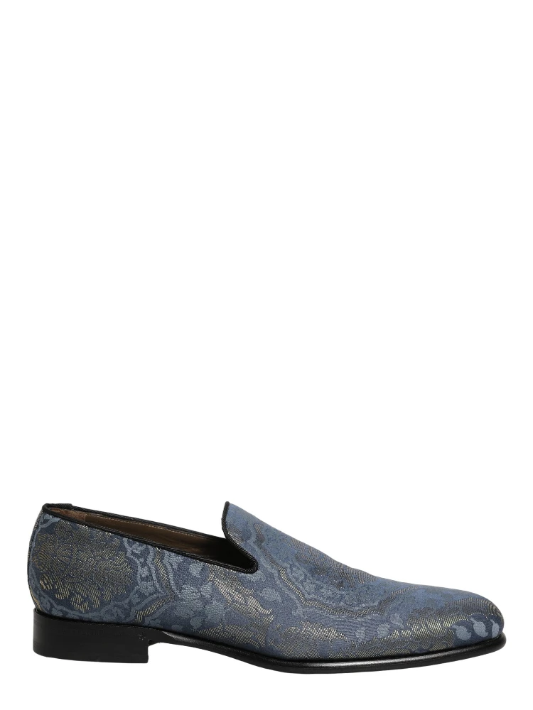 Blue Floral Brocade Slip On Loafers Shoes