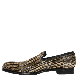 Gold Striped Sequin Embellished Loafer Shoes