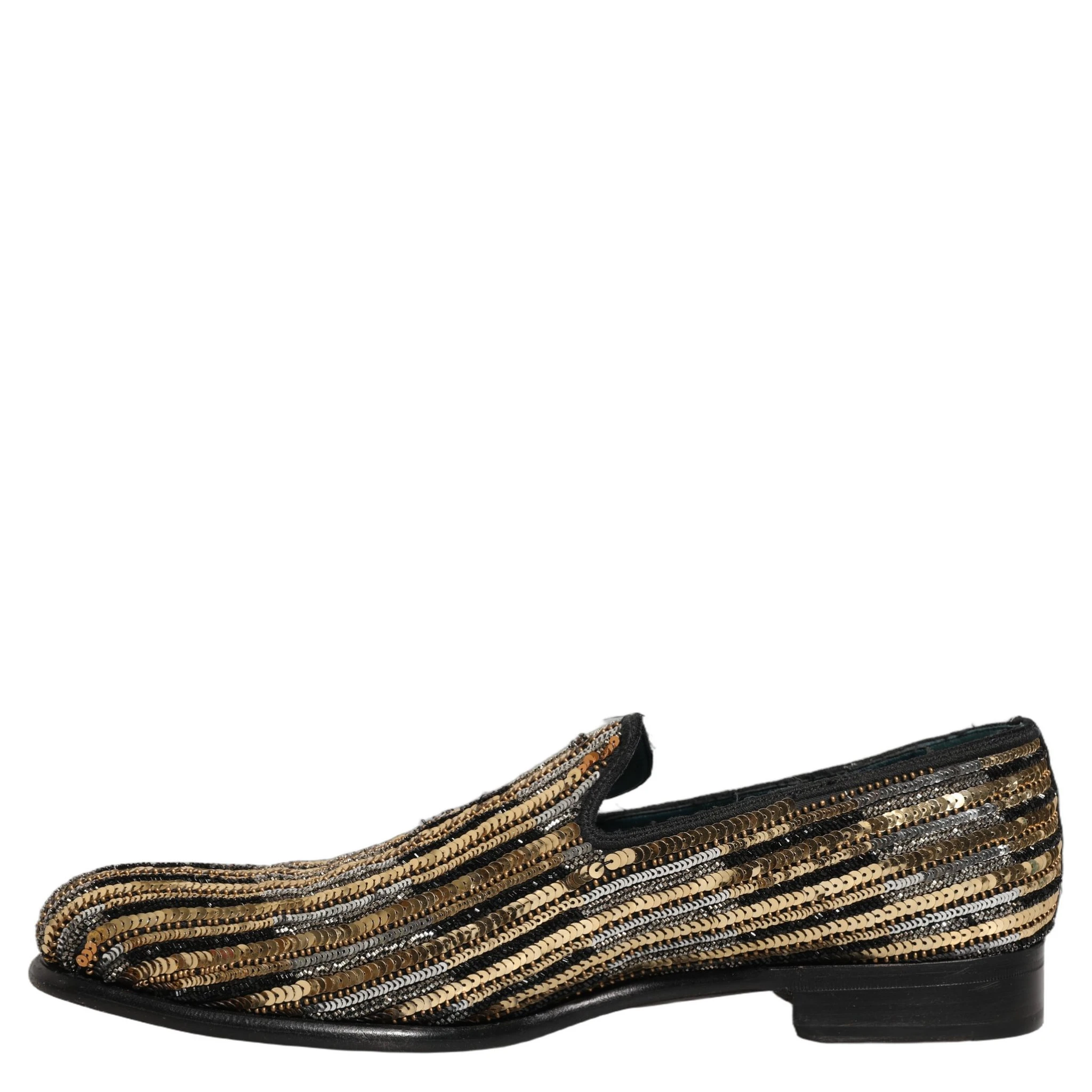 Gold Striped Sequin Embellished Loafer Shoes