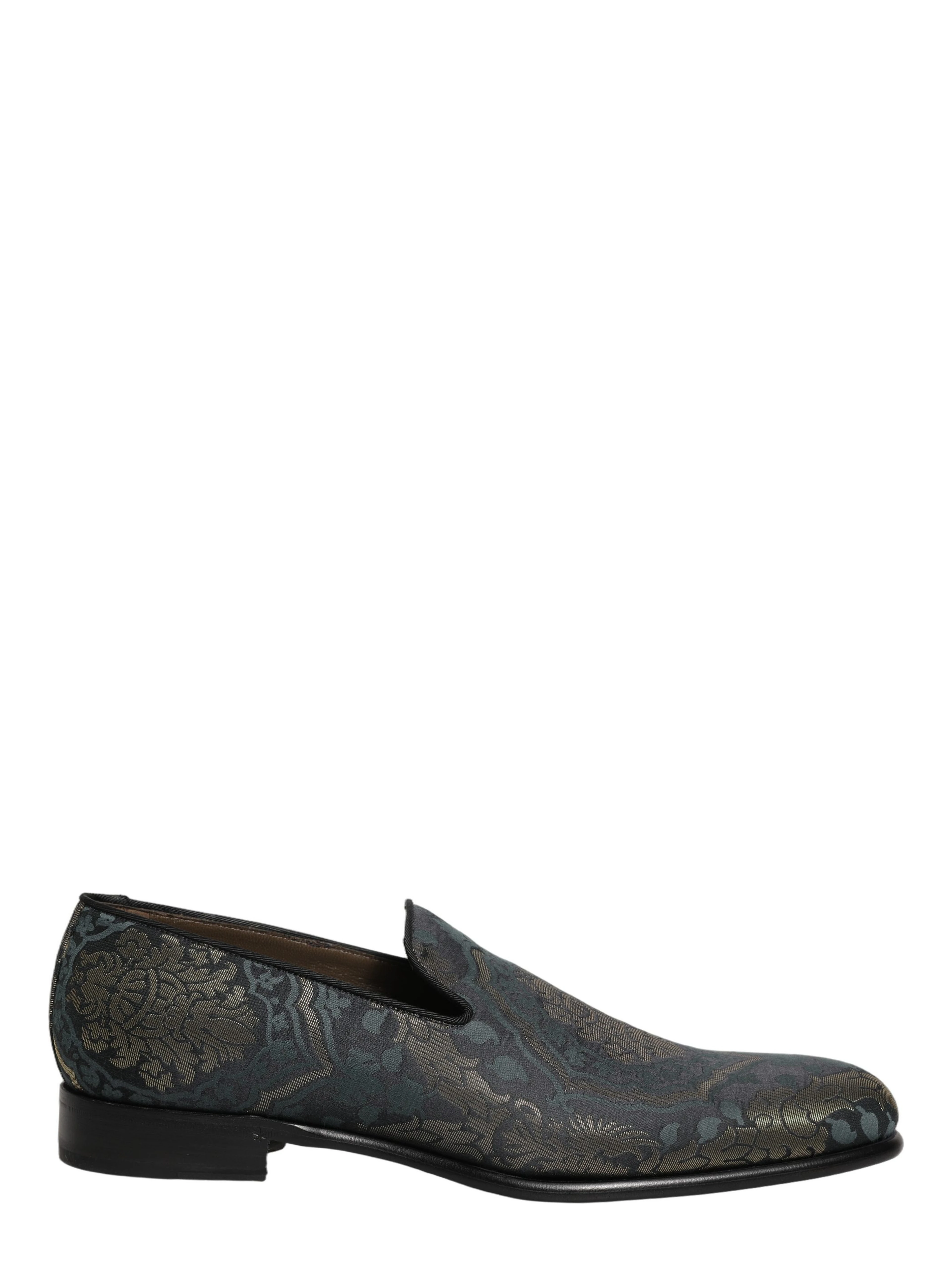 Black Floral Brocade Slip On Loafers Shoes