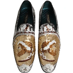 White Gold Sequined Slip On Loafers Shoes