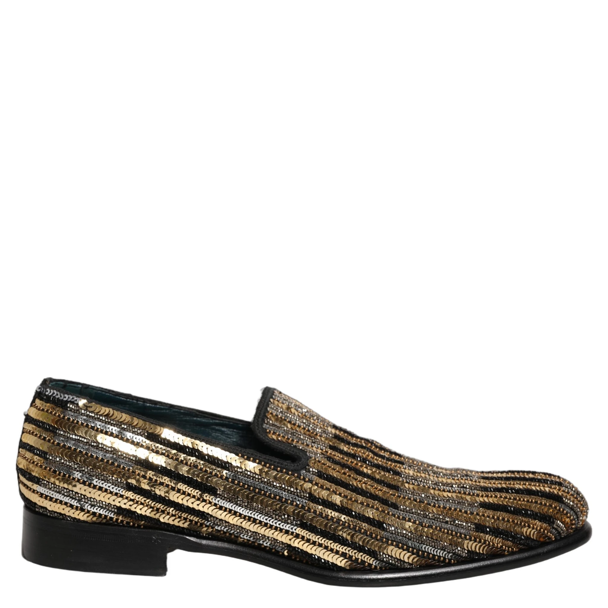 Gold Striped Sequin Embellished Loafer Shoes