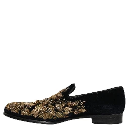 Black Gold Embroidery Dress Loafers Shoes