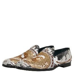 White Gold Sequined Slip On Loafers Shoes