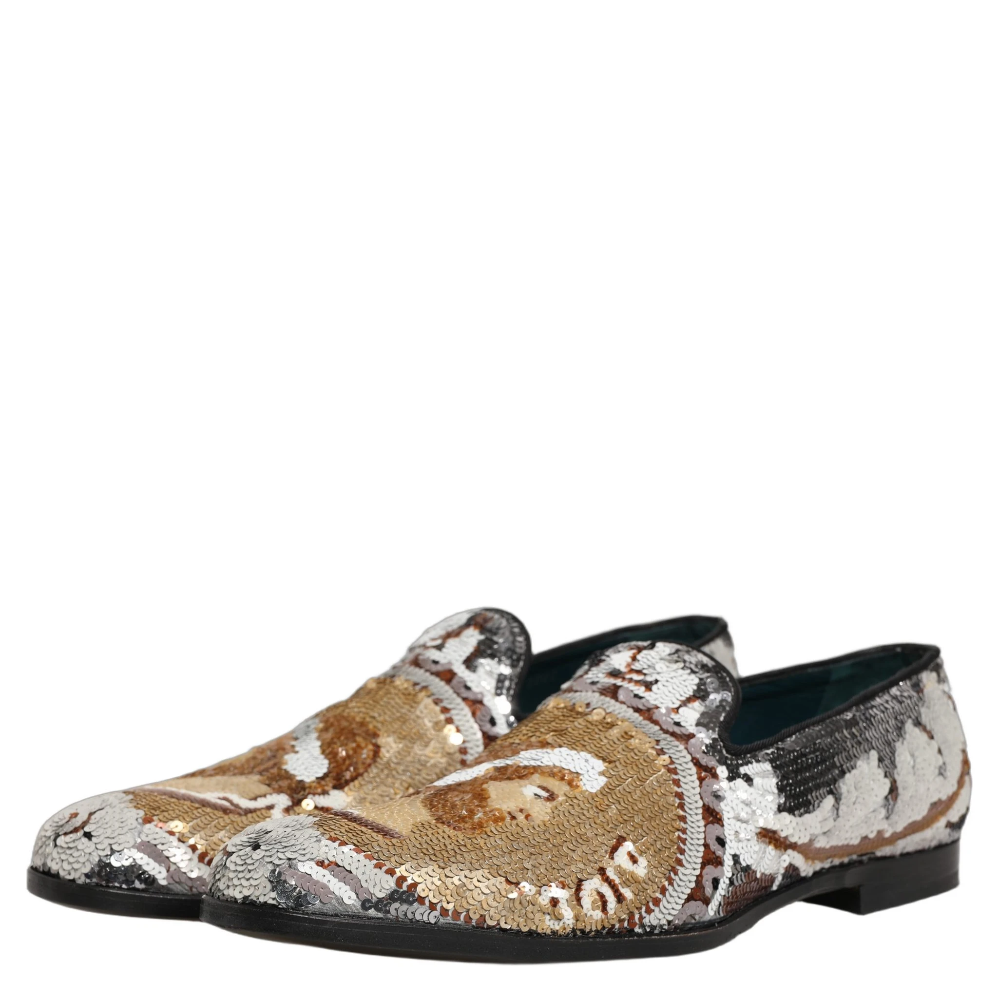 White Gold Sequined Slip On Loafers Shoes