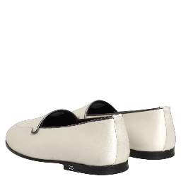 White Satin Logo Slip On Flats Loafers Shoes