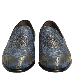 Blue Floral Brocade Slip On Loafers Shoes