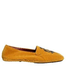 Yellow Velvet Crown Embroidery Loafers Shoes