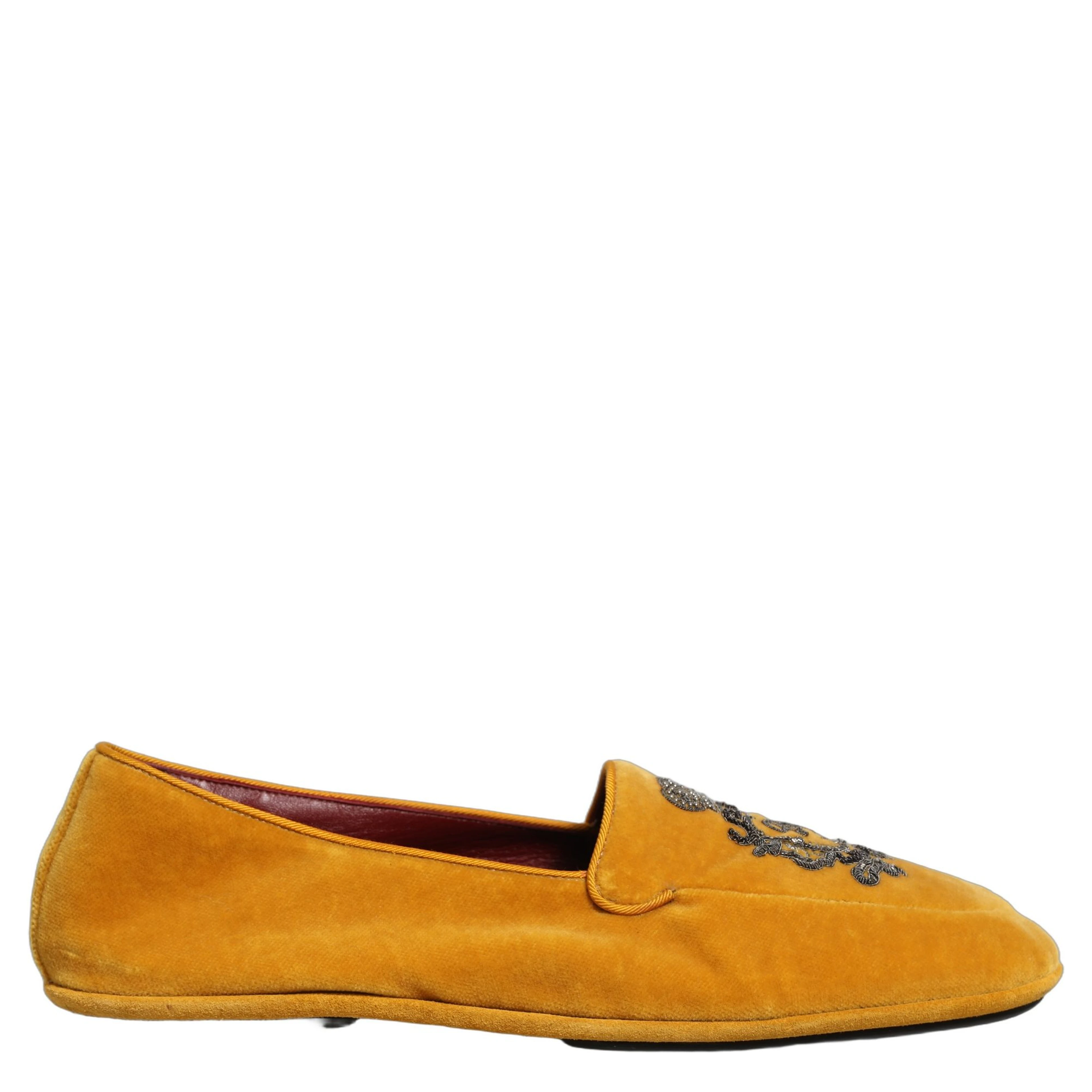 Yellow Velvet Crown Embroidery Loafers Shoes