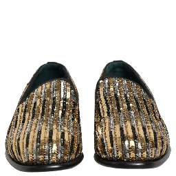Gold Striped Sequin Embellished Loafer Shoes